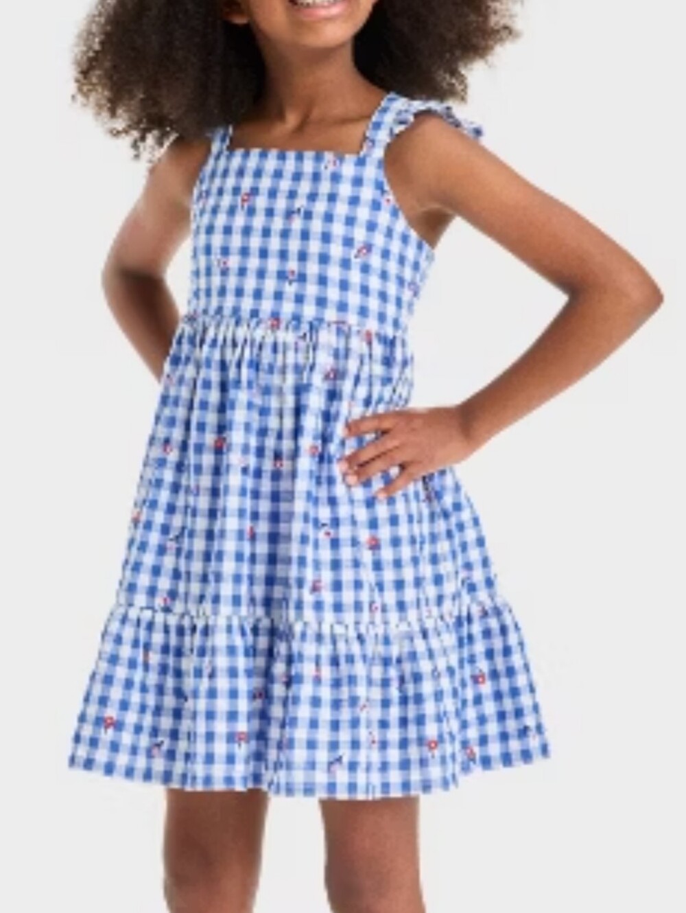 Cat & Jack Blue and White Gingham Sundress with Red Floral Accents Size S 6/7